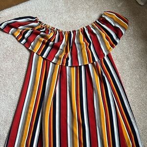 Espresso Rust Multicolored Midi Off The Shoulder Ruffled Neckline Shift Dress